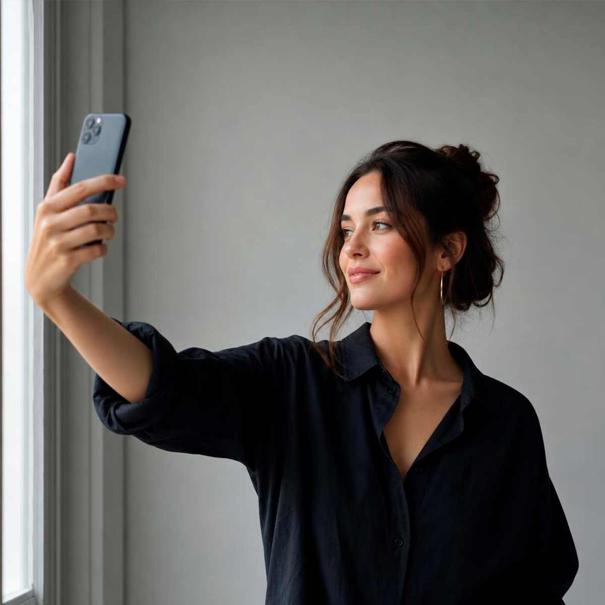 Persona tomando su fotografía junto a una ventana con luz natural